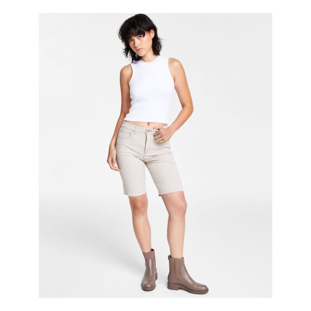 OAT Womens Beige Stretch Zippered Pocketed Raw Hem High Waist Shorts 28
